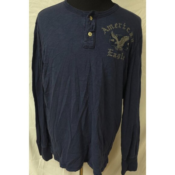 American Eagle Mens XL Blue Embroidered Eagle Logo Distressed Spellout Henley - Picture 1 of 12